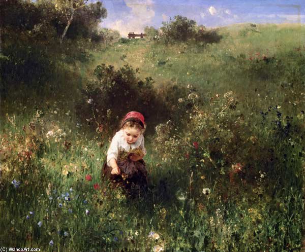 Wikioo.org - The Encyclopedia of Fine Arts - Painting, Artwork by Ludwig Knaus - A Young Girl In A Field