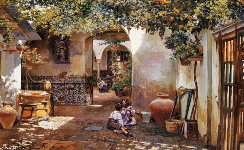 Wikioo.org - The Encyclopedia of Fine Arts - Painting, Artwork by Manuel Garcia Y Rodriguez - Patio With Children