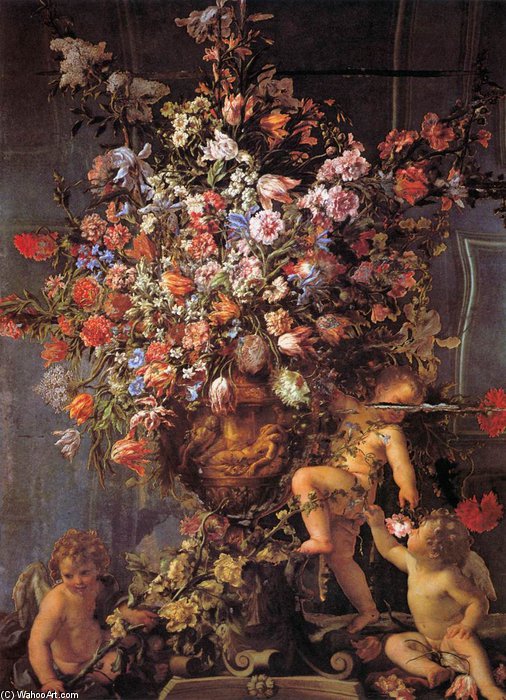 Wikioo.org - The Encyclopedia of Fine Arts - Painting, Artwork by Mario Dei Fiori - Mirror With Three Putti