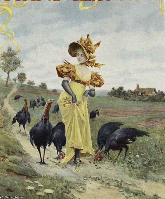 WikiOO.org - Encyclopedia of Fine Arts - Maľba, Artwork Maurice Leloir - Lady Feeding Berries To Turkeys