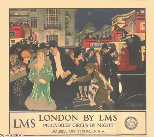 Wikioo.org - The Encyclopedia of Fine Arts - Painting, Artwork by Maurice William Greiffenhagen - Piccadilly Circus By Night