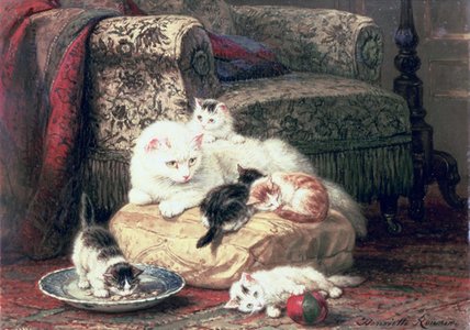 Wikioo.org - The Encyclopedia of Fine Arts - Painting, Artwork by Henriette Ronner Knip - Cat With Her Kittens On A Cushion