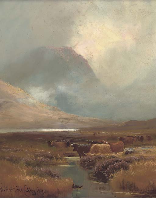 Wikioo.org - สารานุกรมวิจิตรศิลป์ - จิตรกรรม Henry Hadfield Cubley - Cattle Watering In A Highland Landscape