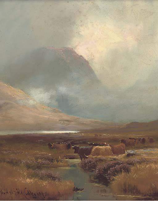 Wikioo.org – La Enciclopedia de las Bellas Artes - Pintura, Obras de arte de Henry Hadfield Cubley - Ganado Riego En Un Highland