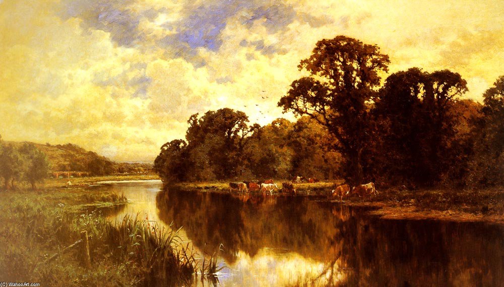 Wikioo.org - The Encyclopedia of Fine Arts - Painting, Artwork by Henry Hillier Parker - Cattle Watering On A Riverbank