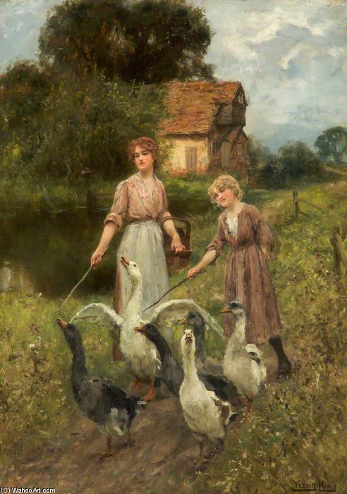 Wikioo.org - The Encyclopedia of Fine Arts - Painting, Artwork by Henry John Yeend King - Girls Herding Geese