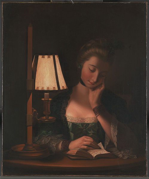 Wikioo.org - The Encyclopedia of Fine Arts - Painting, Artwork by Henry Robert Morland - Woman Reading By A Paper-bell Shade
