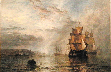 Wikioo.org - สารานุกรมวิจิตรศิลป์ - จิตรกรรม Henry Thomas Dawson - Shipping Becalmed In An Estuary At Evening