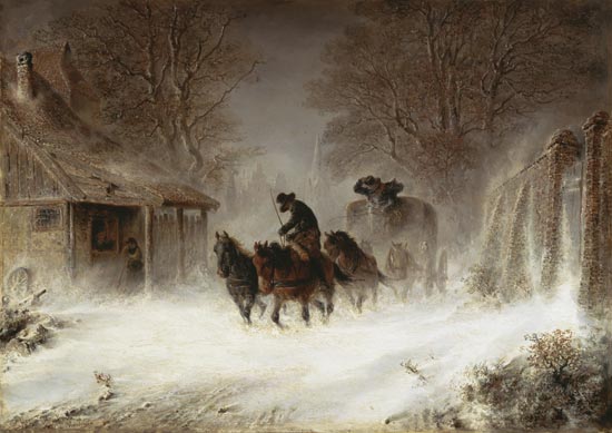 Wikioo.org - The Encyclopedia of Fine Arts - Painting, Artwork by Hermann Kauffmann - Coach In The Snowstorm