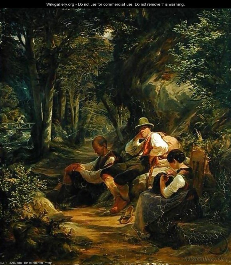 Wikioo.org - สารานุกรมวิจิตรศิลป์ - จิตรกรรม Hermann Kauffmann - Three Upper Bavarians Resting On An Alpine Path