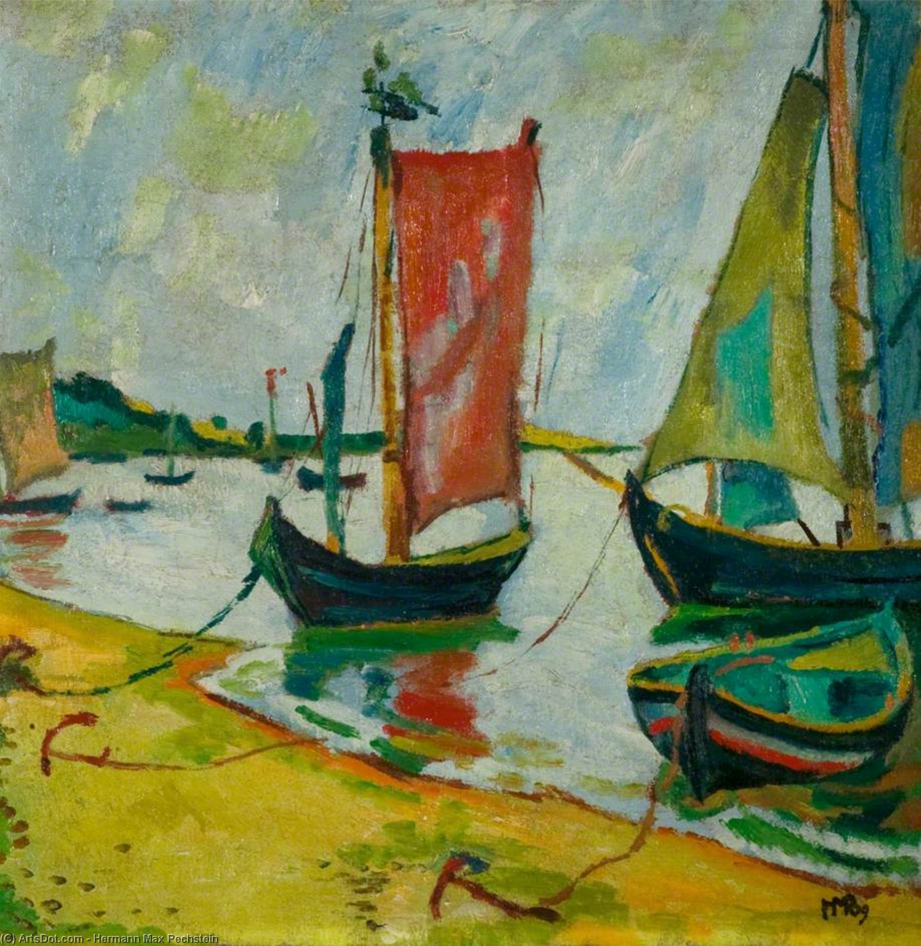 Wikioo.org - Bách khoa toàn thư về mỹ thuật - Vẽ tranh, Tác phẩm nghệ thuật Hermann Max Pechstein - Nidden Coastline With Fishing Boats