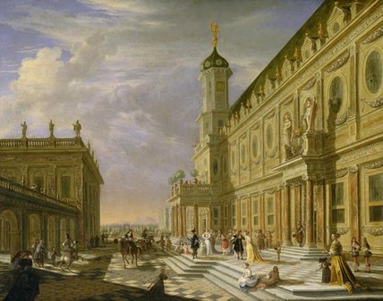Wikioo.org - The Encyclopedia of Fine Arts - Painting, Artwork by Hieronymus Janssens - Elegant Figures In A Palace Forecourt