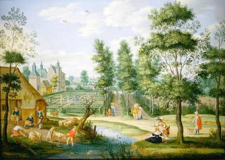 Wikioo.org - The Encyclopedia of Fine Arts - Painting, Artwork by Isaak Van Oosten - Figures In The Grounds Of A Country House