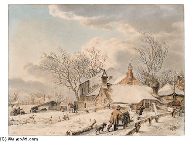 Wikioo.org - The Encyclopedia of Fine Arts - Painting, Artwork by Jacob Cats - A Winter Landscape With Men And A Sledge Near A Farm, People On The Ice Beyond