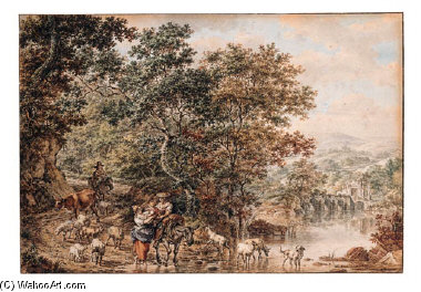 Wikioo.org - The Encyclopedia of Fine Arts - Painting, Artwork by Jacob Cats - Herdsmen With A Child And Cattle By A River In An Italianate Landscape