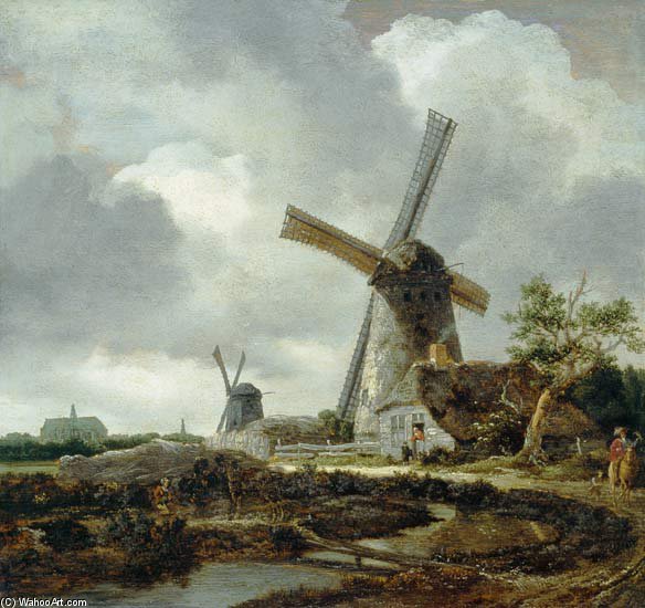 Wikioo.org – L'Encyclopédie des Beaux Arts - Peinture, Oeuvre de Jacob Isaakszoon Van Ruisdael (Ruysdael) - Paysage avec moulins à vent, les environs de Haarlem