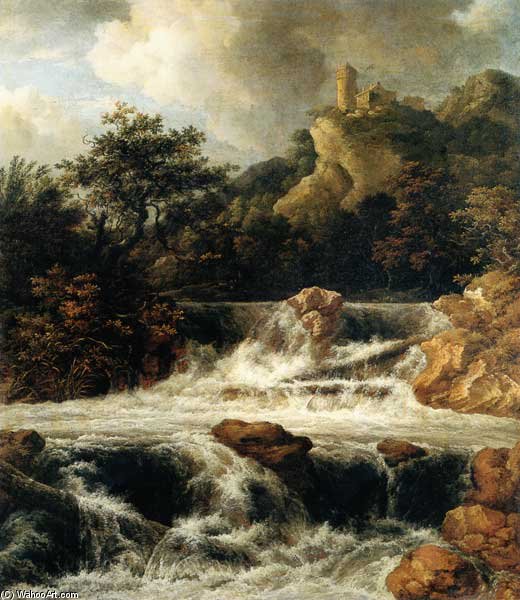 Wikioo.org - The Encyclopedia of Fine Arts - Painting, Artwork by Jacob Isaakszoon Van Ruisdael (Ruysdael) - Waterfall With Mountain Castle