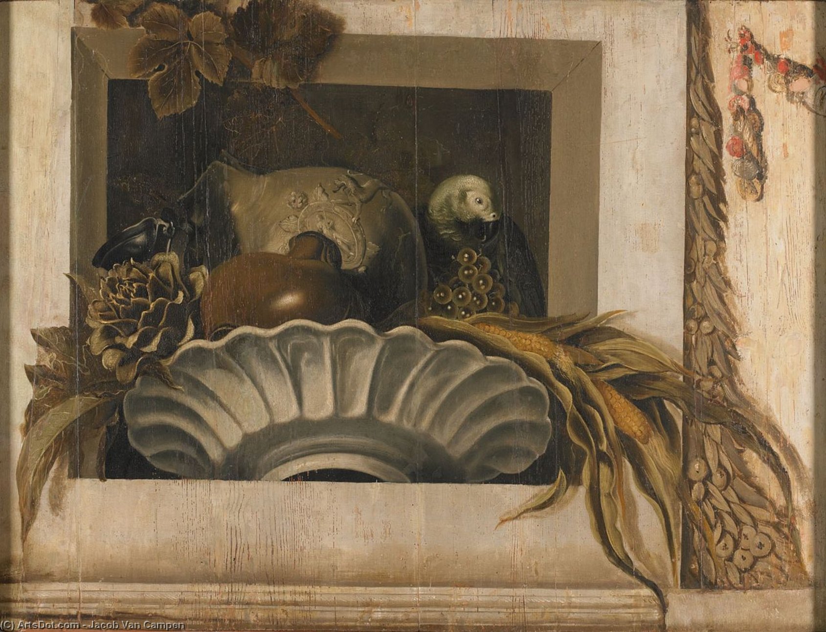 Wikioo.org - The Encyclopedia of Fine Arts - Painting, Artwork by Jacob Van Campen - Still Life Of Vegetables And A Parrot In A Niche