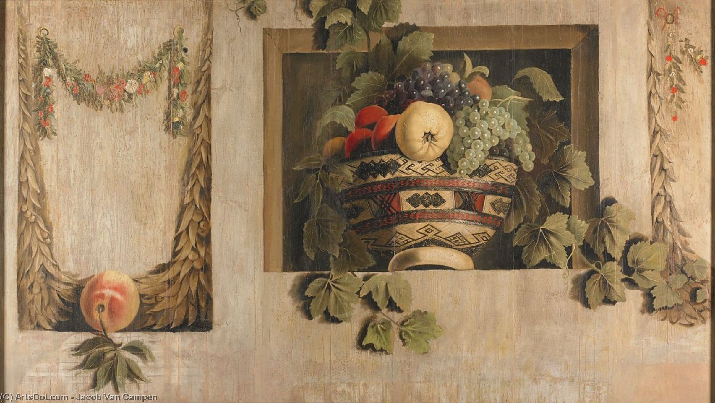Wikioo.org - The Encyclopedia of Fine Arts - Painting, Artwork by Jacob Van Campen - Still Life With A Basket Of Fruit In A Niche