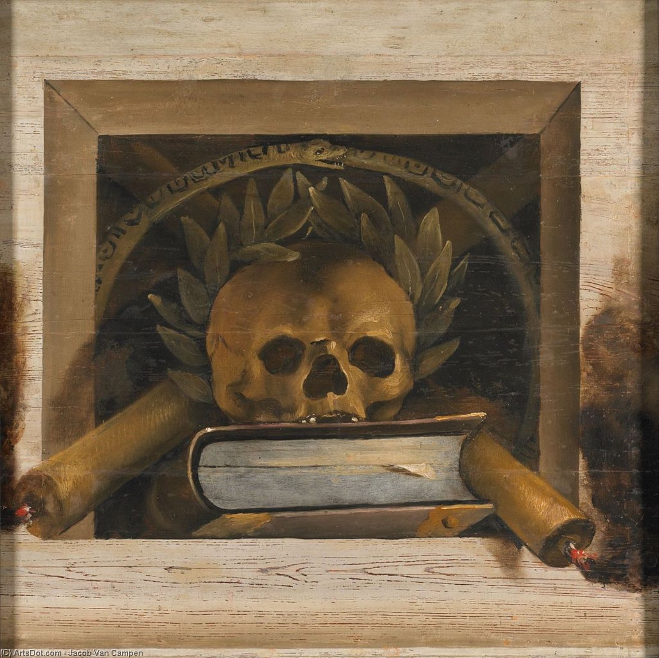 Wikioo.org – La Enciclopedia de las Bellas Artes - Pintura, Obras de arte de Jacob Van Campen - Como naturaleza muerta con a libro y una Cráneo