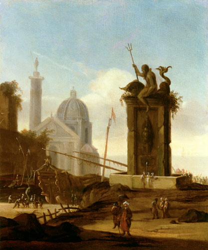 Wikioo.org - สารานุกรมวิจิตรศิลป์ - จิตรกรรม Jacob Van Der Ulft - An Italianate Capriccio In A Mediterranean Harbour
