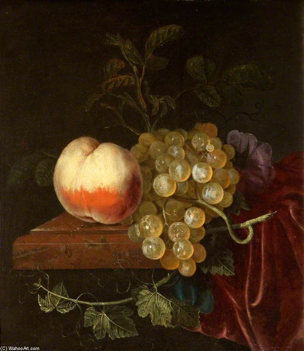 Wikioo.org - The Encyclopedia of Fine Arts - Painting, Artwork by Jacob Van Walscapelle - A Peach And Grapes On A Ledge
