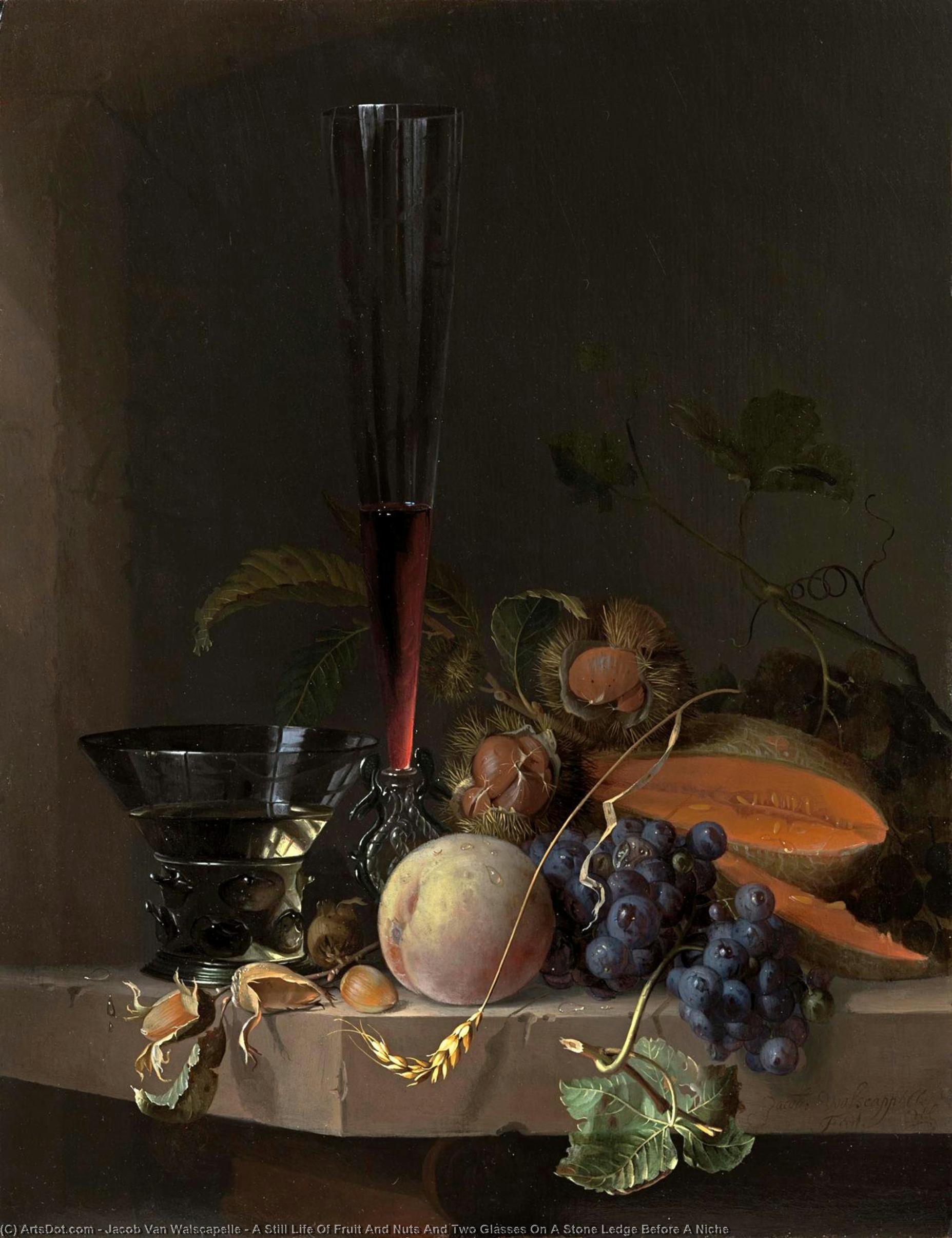Wikioo.org - The Encyclopedia of Fine Arts - Painting, Artwork by Jacob Van Walscapelle - A Still Life Of Fruit And Nuts And Two Glasses On A Stone Ledge Before A Niche