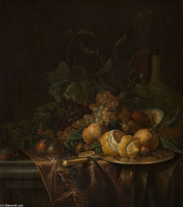 Wikioo.org - The Encyclopedia of Fine Arts - Painting, Artwork by Jacob Van Walscapelle - Still Life With Fruit, Flute And Wicker-bottle