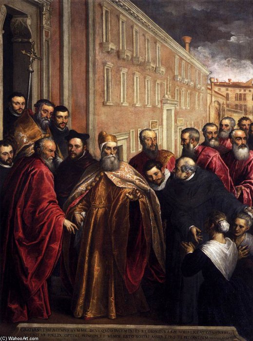 Wikioo.org - The Encyclopedia of Fine Arts - Painting, Artwork by Palma Giovane - Pasquale Cicogna In Dogal Robes Visiting The Church And Hospital Of The Crociferi