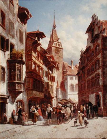 Wikioo.org - The Encyclopedia of Fine Arts - Painting, Artwork by Jacques François Carabain - Figures On The Street In Zug