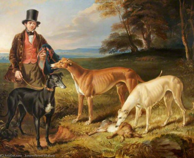 Wikioo.org - The Encyclopedia of Fine Arts - Painting, Artwork by James Flewitt Mullock - Thomas Harris, Kennel-man To Tom Llewelyn Brewer, With Greyhounds