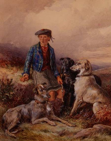 Wikioo.org – L'Encyclopédie des Beaux Arts - Peinture, Oeuvre de James Hardy Junior - Boy écossaise Avec lévriers dans un pays montagneux