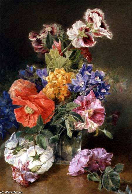 Wikioo.org - The Encyclopedia of Fine Arts - Painting, Artwork by James Holland - Roses, Poppy And Pelargonia