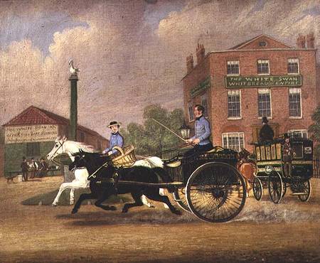 Wikioo.org - The Encyclopedia of Fine Arts - Painting, Artwork by James Pollard - The Omnibus, Livery And Bait Stables At The White Swan Inn