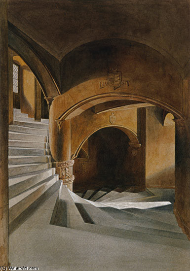 Wikioo.org - The Encyclopedia of Fine Arts - Painting, Artwork by James William Giles - The Staircase In Fyvie Castl