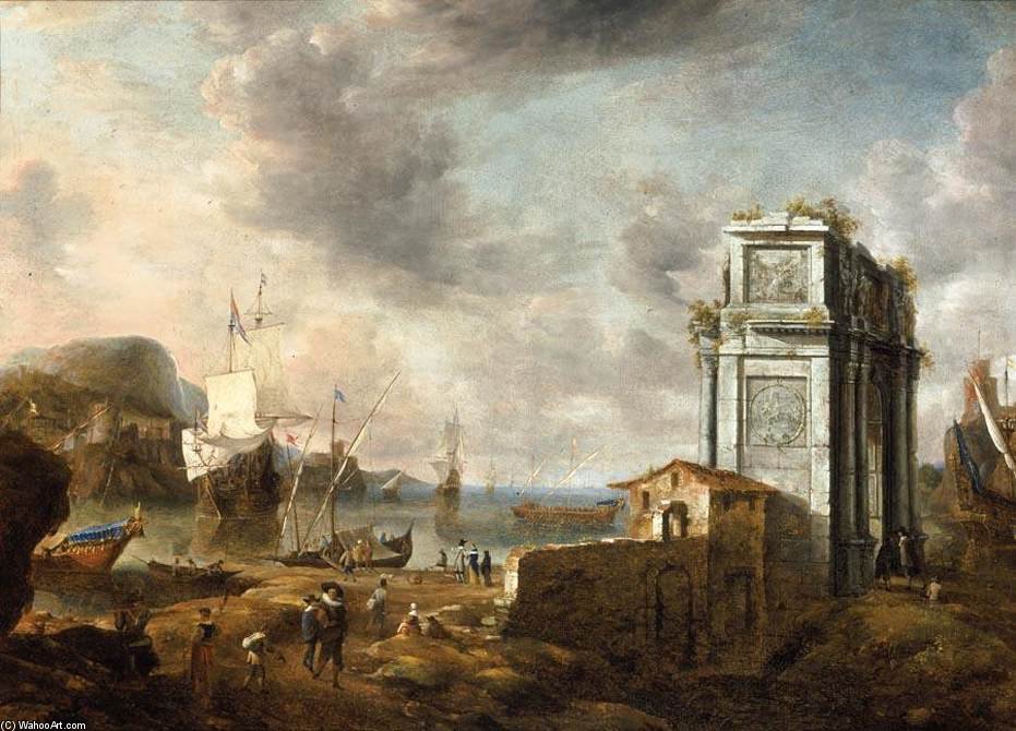 Wikioo.org - The Encyclopedia of Fine Arts - Painting, Artwork by Jan Abrahamsz Beerstraten - Capriccio Of A Mediterranean Harbour