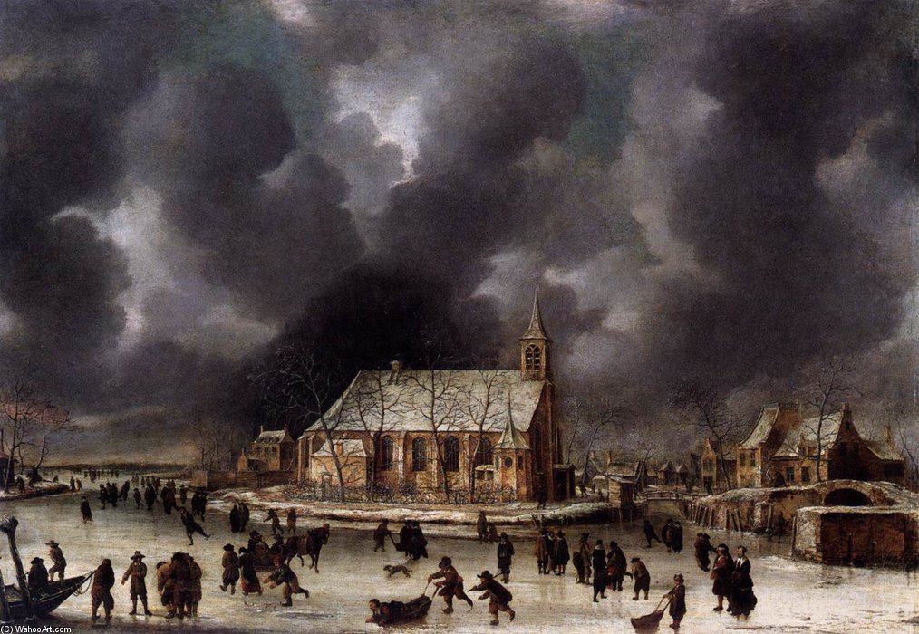 Wikioo.org - The Encyclopedia of Fine Arts - Painting, Artwork by Jan Abrahamsz Beerstraten - Skating At Sloten, Near Amsterdam