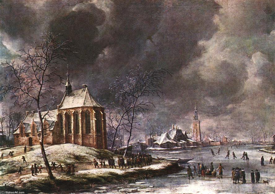 Wikioo.org - The Encyclopedia of Fine Arts - Painting, Artwork by Jan Abrahamsz Beerstraten - Village Of Nieukoop In Winter With Child Funeral