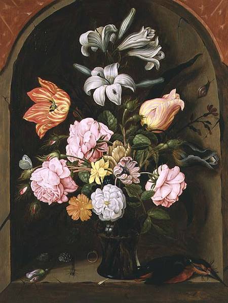 Wikioo.org - The Encyclopedia of Fine Arts - Painting, Artwork by Jan Baptist Van Fornenburgh - A Still Life Of Flowers In A Vase And A Kingfisher On A Ledge