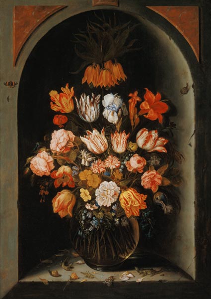Wikioo.org - The Encyclopedia of Fine Arts - Painting, Artwork by Jan Baptist Van Fornenburgh - Still Life Of Flowers In A Niche With Insects, Reptiles And Flower Petals