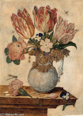 Wikioo.org - The Encyclopedia of Fine Arts - Painting, Artwork by Jan Baptist Van Fornenburgh - Tulips, Forget-me-nots, Peonies And Other Flowers In A Vase On A Ledge