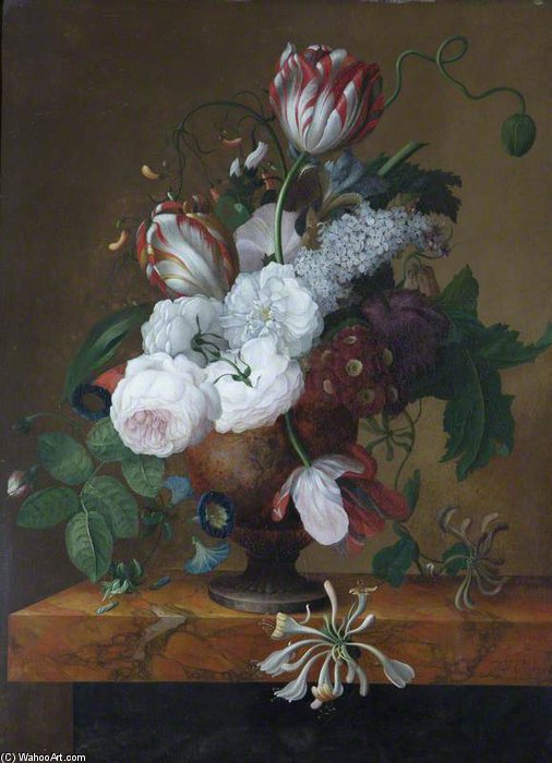 WikiOO.org - Encyclopedia of Fine Arts - Maľba, Artwork Jan Frans Van Dael - Tulips, Honeysuckle, Peonies And Roses In An Urn