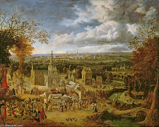 Wikioo.org - The Encyclopedia of Fine Arts - Painting, Artwork by Jan Griffier - A Fete And View Of A City (oil On Copper)