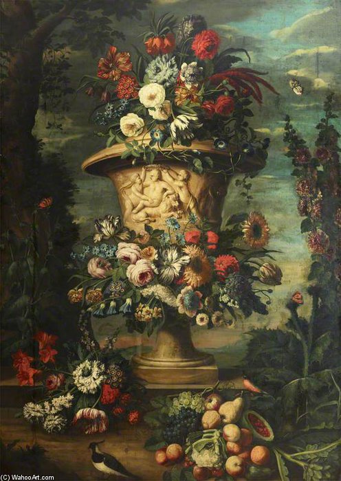 Wikioo.org - The Encyclopedia of Fine Arts - Painting, Artwork by Jean Baptiste Monnoyer - An Urn Filled And Garlanded With Summer Flowers And Autumn Fruit