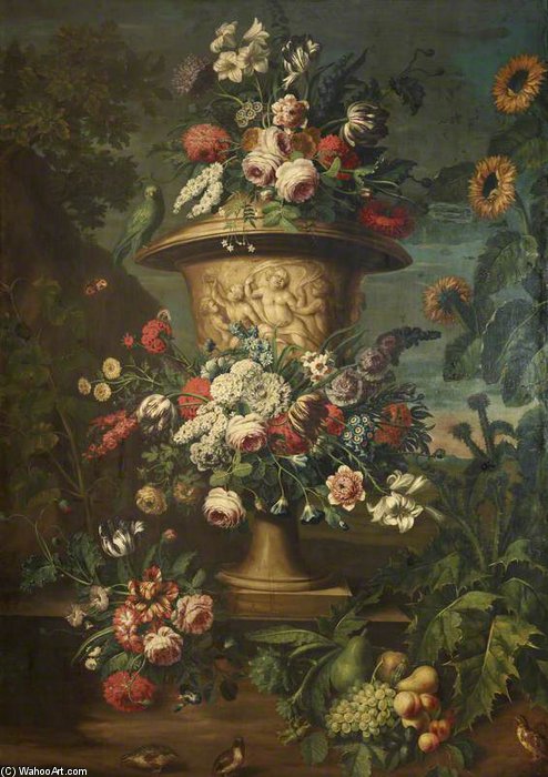 Wikioo.org - The Encyclopedia of Fine Arts - Painting, Artwork by Jean Baptiste Belin De Fontenay - An Urn Filled And Garlanded With Summer Flowers