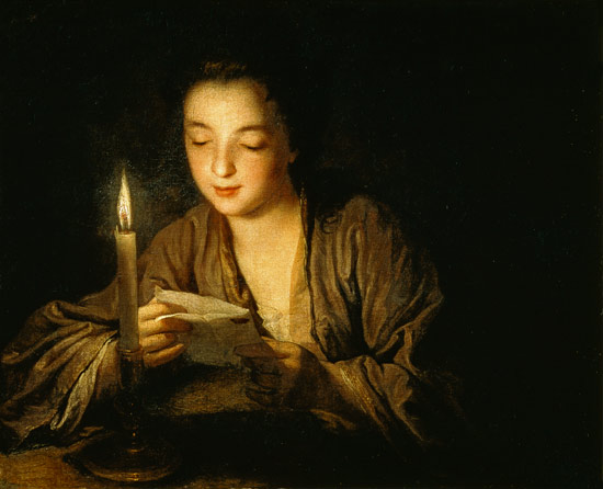 Wikioo.org – L'Encyclopédie des Beaux Arts - Peinture, Oeuvre de Jean Baptiste Santerre - jeune fille lisant Juin Lettre un la Bougie