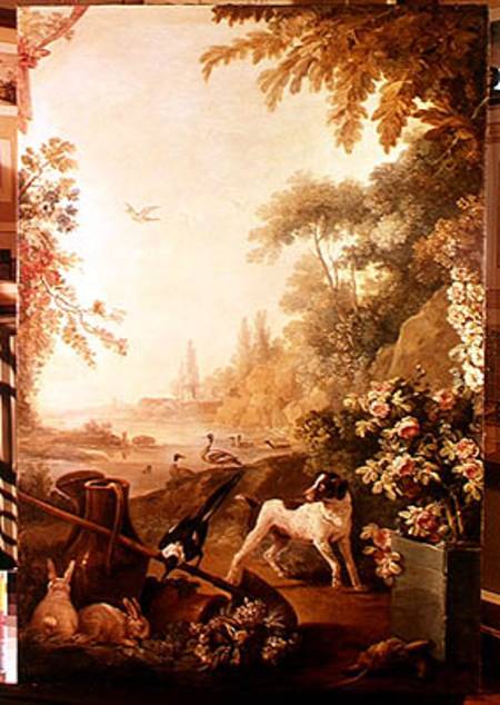 Wikioo.org - The Encyclopedia of Fine Arts - Painting, Artwork by Jean Baptiste Huet - Two Rabbits, A Magpie And A Dog