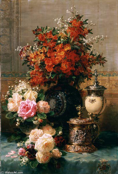 Wikioo.org - The Encyclopedia of Fine Arts - Painting, Artwork by Jean Baptiste Robie - Still Life Of Roses And Other Flowers