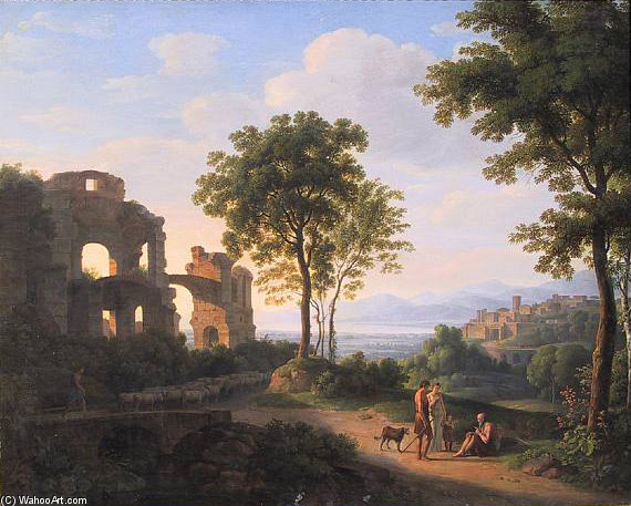 Wikioo.org - The Encyclopedia of Fine Arts - Painting, Artwork by Johann Nepomuk Schödlberger - Sunlit Ruin Landscape With A Family On A Way And Shepherd With Sheeps
