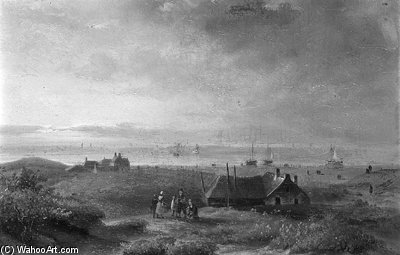 Wikioo.org - The Encyclopedia of Fine Arts - Painting, Artwork by Johannes Franciscus Hoppenbrouwers - A Coastal View Of Scheveningen, With Figures Conversing On A Dune Top
